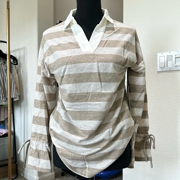 🟢NWT Doe &Rae strip collared blouse - Picture 1 of 2